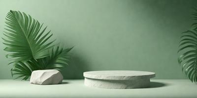 The primary subject of the image is a white rock placed on a table. The setting is a green wall, which serves as the background. The visual style is a photo, capturing the rock and the wall in a realistic manner. The colors in the image are predominantly green, with the green wall and the white rock, creating a calm and serene atmosphere.