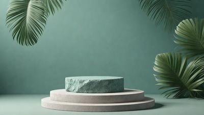 The primary subject of the image is a large, round, stone-like object placed on a pedestal. The setting is a green background, which adds a sense of freshness and natural beauty to the scene. The visual style is a combination of photo and digital art, creating a realistic yet artistic representation of the stone. The colors and mood of the image are predominantly green, which evokes a sense of tranquility and harmony with nature.