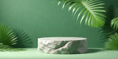 The primary subject of the image is a large, round, white stone or rock placed on a green surface. The setting appears to be a tropical environment, as there are palm trees in the background. The visual style of the image is a photo, capturing the natural beauty of the stone and its surroundings. The colors in the image are predominantly green and white, creating a serene and calming atmosphere.