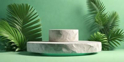 The primary subject of the image is a white stone or concrete block, which is placed on a green surface. The setting appears to be a tropical environment, as there are palm trees in the background. The visual style of the image is a combination of photo and digital art, creating a unique and artistic representation of the stone block. The colors and mood of the image are predominantly green and tropical, evoking a sense of serenity and natural beauty.