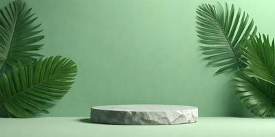 The primary subject of the image is a large, round stone or rock placed on a green surface. The setting appears to be a room with a green wall, and the visual style is a photo. The dominant colors in the image are green and white, creating a calm and serene atmosphere.