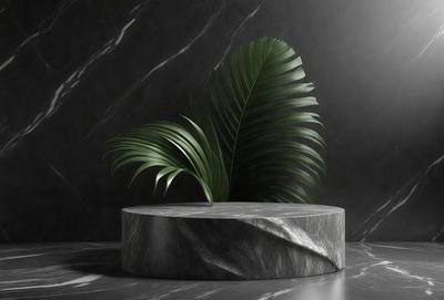 The primary subject of the image is a large, green plant with a long leaf, placed on a stone or concrete surface. The plant is the main focus of the image, and it is set against a dark background, which adds a dramatic and moody atmosphere to the scene. The visual style of the image is a close-up, which emphasizes the details of the plant and its surroundings. The colors in the image are predominantly dark and muted, with the green of the plant being the most prominent color.