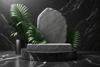 The primary subject of the image is a large gray stone, which is placed on a black marble surface. The setting is a black and white photo, giving the image a classic and timeless appearance. The visual style is a combination of a photo and digital art, creating a unique and artistic representation of the stone. The colors and mood of the image are predominantly black and white, with a touch of gray from the stone, giving it a sense of elegance and sophistication.