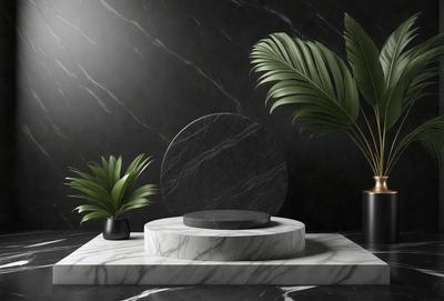 The primary subject of the image is a marble table with a round object on top of it. The table is placed in front of a black wall, which serves as the setting for the scene. The visual style of the image is a photo, capturing the details of the marble table and the round object on it. The colors and mood of the image are predominantly black and white, giving it a classic and elegant appearance.