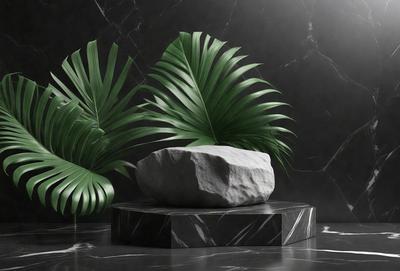 The primary subject of the image is a large rock, which is placed on a black marble table. The setting is a black and white photo, giving the image a classic and timeless appearance. The visual style is a combination of photography and digital art, creating a unique and artistic representation of the rock and its surroundings. The colors and mood of the image are predominantly black and white, with a touch of green from the surrounding palm tree, giving the scene a sense of elegance and sophistication
