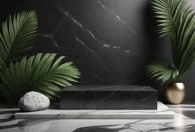 The primary subject of the image is a black marble table, which is the main object in the scene. The table is placed on a white marble countertop, creating a contrast between the black and white colors. The setting is a room with a black wall and a black marble countertop, which adds to the overall atmosphere of the image. The visual style of the image is a photo, capturing the details of the marble table and countertop.
