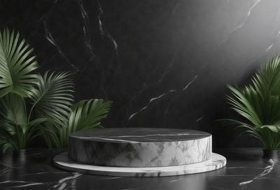 The primary subject of the image is a round, white marble table. The table is placed on a black marble surface, which serves as the setting for the scene. The visual style of the image is a photo, capturing the details of the marble table and its surroundings. The colors and mood of the image are predominantly black and white, giving it a sleek and modern appearance.