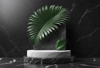 The primary subject of the image is a large green palm leaf, which is prominently displayed on a stone pedestal. The setting is a black background, which contrasts with the green palm leaf, creating a striking visual effect. The visual style is a combination of a photo and digital art, as the leaf appears to be a photo of a real palm tree, while the pedestal and background are digitally created elements. The colors and mood of the image are predominantly black and green, giving it a