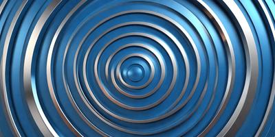 The primary subject of the image is a blue metal circle with a silver ring in the center. The setting is a blue background, and the visual style appears to be a combination of photo and digital art. The dominant colors are blue and silver, creating a calm and serene atmosphere.