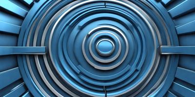 The primary subject of the image is a blue circle with a silver ring in the center. The setting is a blue background, and the visual style appears to be a combination of photo and digital art. The dominant colors are blue and silver, creating a calm and serene atmosphere.