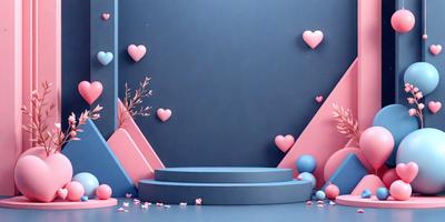 The primary subject of the image is a large, blue, heart-shaped wall. The setting is a room with a blue background, and the visual style is a combination of photo and digital art. The colors and mood of the image are predominantly blue and pink, creating a warm and inviting atmosphere.