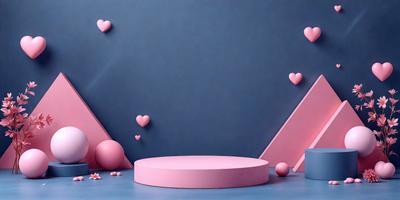 The primary subject of the image is a pink table with hearts on it. The table is placed in front of a blue wall, creating a visually appealing contrast between the pink and blue colors. The visual style of the image is a combination of photo and digital art, as it appears to be a photograph with a digital art background. The overall atmosphere of the image is warm and inviting, with the hearts adding a touch of playfulness and love.
