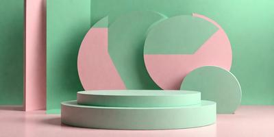 The primary subject of the image is a green and pink geometric sculpture. The sculpture is placed on a green surface, which serves as the setting or background. The visual style of the image is a combination of digital art and illustration, creating a unique and eye-catching design. The dominant colors in the image are green and pink, which contribute to a lively and vibrant atmosphere.