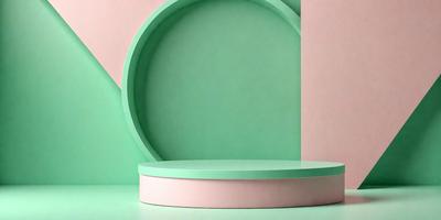 The primary subject of the image is a green wall with a pink circle in the middle. The setting is a room with a green wall and a pink circle. The visual style is a photo, and the colors and mood are predominantly green and pink, creating a vibrant and lively atmosphere.