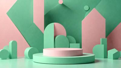 The primary subject of the image is a green and pink geometric sculpture. The sculpture is placed on a green surface, which serves as the setting or background. The visual style of the image is a combination of digital art and illustration, creating a unique and eye-catching design. The dominant colors in the image are green and pink, which contribute to a lively and vibrant atmosphere.
