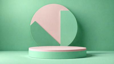 The primary subject of the image is a green and pink circle, which is placed on a green surface. The circle is made up of two triangles, one pink and one green, and a square. The setting appears to be a room with a green background. The visual style of the image is a combination of digital art and illustration, creating a unique and eye-catching design. The colors and mood of the image are vibrant and lively, with the green and pink colors creating a sense of freshness