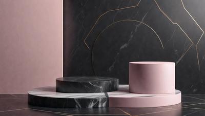The primary subject of the image is a pink marble tabletop. The setting is a black and pink marble countertop, which adds a contrasting touch to the scene. The visual style is a close-up of the marble tabletop, showcasing its unique texture and color. The colors and mood of the image are predominantly pink and black, creating a modern and elegant atmosphere.