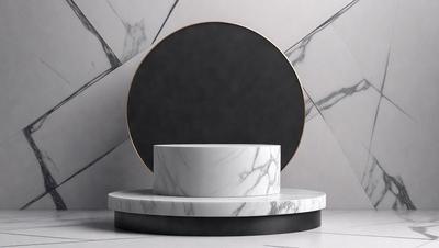 The primary subject of the image is a white marble table with a black circle on top of it. The table is placed in front of a marble wall, which serves as the setting and background of the scene. The visual style of the image is a photo, capturing the details and textures of the marble table and wall. The colors and mood of the image are predominantly white and black, giving it a clean and elegant appearance.