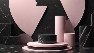 The primary subject of the image is a marble table with a black top, placed on a pink surface. The table is surrounded by three pink columns, creating a visually striking scene. The setting appears to be a modern, minimalist space with a focus on the contrasting colors of the marble table and the pink columns. The visual style of the image is a combination of photo and digital art, with the marble table and pink columns appearing to be realistic yet artistic elements. The colors and mood of