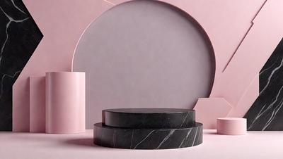 The primary subject of the image is a black marble tabletop. The table is placed on a pink surface, which adds a contrasting color to the scene. The visual style of the image is a photo, capturing the details of the marble tabletop and the pink background. The colors and mood of the image are predominantly black and pink, creating a striking contrast between the two colors.