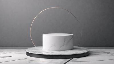 The primary subject of the image is a white marble table with a round top. The table is placed on a black and white marble surface, which adds a contrasting element to the scene. The setting appears to be a modern and minimalist environment, with the table being the main focus of the image. The visual style is a combination of photo and digital art, creating a clean and polished appearance. The colors and mood of the image are predominantly black and white, giving it a sleek and sophisticated feel