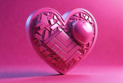 The primary subject of the image is a heart-shaped sculpture made of interlocking blocks. The heart is pink and is placed on a pink surface, which creates a visually striking contrast. The setting appears to be a studio or workspace, as the heart sculpture is the main focus of the image. The visual style is a combination of digital art and illustration, as the heart is crafted from interlocking blocks, giving it a unique and intricate appearance. The colors and mood of the image are