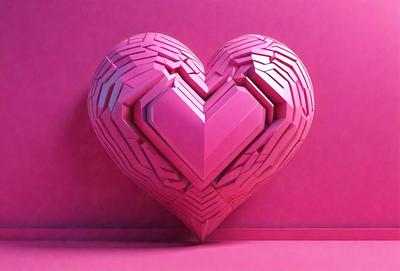 The primary subject of the image is a heart-shaped sculpture made of pink and white blocks. The heart is placed against a pink background, which adds a vibrant and warm atmosphere to the scene. The visual style of the image is a combination of digital art and illustration, as the heart is crafted with precision and attention to detail. The colors and mood of the image are predominantly pink and warm, creating a sense of love and affection.