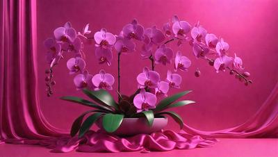 The primary subject of the image is a large bouquet of pink orchids. The orchids are arranged in a vase, which is placed on a pink table. The setting is a pink background, which adds to the overall mood of the image. The visual style of the image is a photo, capturing the beauty of the orchids in their natural environment. The colors and mood of the image are predominantly pink, creating a warm and inviting atmosphere.