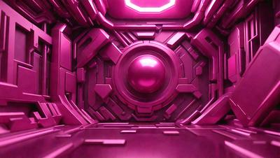 The primary subject of the image is a large, pink, metallic structure with a round, pink ball in the center. The setting is a futuristic, pink-lit environment, which gives the scene a unique and visually striking appearance. The visual style is a combination of digital art and illustration, creating a surreal and captivating atmosphere. The dominant colors are pink and purple, which contribute to the overall mood of the image, evoking a sense of wonder and curiosity.