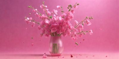 The primary subject of the image is a vase filled with pink flowers. The vase is placed on a pink background, which adds a warm and vibrant atmosphere to the scene. The visual style of the image is a combination of photo and digital art, creating a realistic yet artistic representation of the flowers. The colors and mood of the image are predominantly pink, which evokes feelings of love, warmth, and happiness.