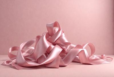 The primary subject of the image is a pink ribbon. The ribbon is wound up and appears to be made of silk. The setting is a pink background, which complements the color of the ribbon. The visual style is a close-up of the ribbon, showcasing its texture and details. The colors and mood of the image are predominantly pink, creating a soft and elegant atmosphere.