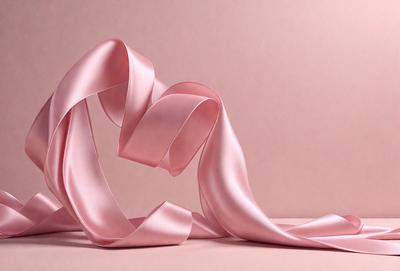 The primary subject of the image is a pink ribbon. The ribbon is wound around itself, creating a visually appealing and elegant design. The setting is a pink background, which complements the color of the ribbon. The visual style of the image is a close-up of the ribbon, showcasing its intricate details. The colors and mood of the image are predominantly pink, creating a warm and inviting atmosphere.