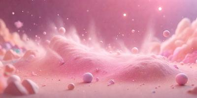 The primary subject of the image is a pink, swirling, and cloudy mass of bubbles. The setting is a pink background, which adds to the overall mood of the scene. The visual style of the image is a combination of photo and digital art, creating a unique and eye-catching effect. The dominant colors in the image are pink and white, giving it a soft and dreamy atmosphere.