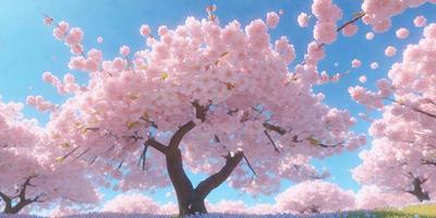 The primary subject of the image is a tree filled with pink flowers. The tree is located in a field, and the setting appears to be a sunny day. The visual style of the image is a combination of photo and digital art, creating a vibrant and lively atmosphere. The dominant colors in the image are pink and white, which contribute to the overall mood of the scene.
