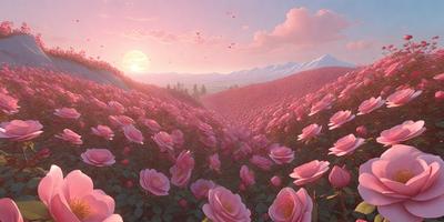The primary subject of the image is a field of pink flowers, with a vibrant pink color and a lush, blooming appearance. The setting is a mountainous landscape, with a backdrop of mountains and a sky filled with clouds. The visual style of the image is a digital art or illustration, showcasing the beauty of the flowers and the surrounding environment. The colors and mood of the image are predominantly pink, creating a warm and inviting atmosphere.
