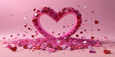 The primary subject of the image is a heart-shaped sculpture made of pink and red hearts. The heart is placed on a pink background, which adds to the overall mood of the scene. The visual style of the image is a combination of photo and digital art, creating a unique and eye-catching display. The colors and mood of the image are predominantly pink and red, which are associated with love and affection.