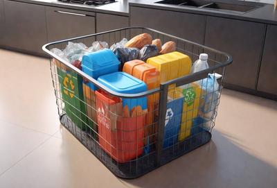 The primary subject of the image is a wire basket filled with various items. The basket is placed on a tile floor, which serves as the setting for the scene. The visual style of the image is a photo, capturing the details of the basket and its contents. The colors and mood of the image are predominantly neutral, with the basket and its contents being the main focus.
