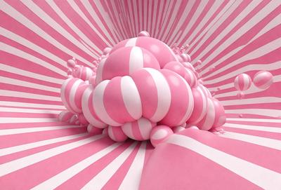 The primary subject of the image is a large, pink, swirling ball with white stripes. The setting is a pink and white striped background, which adds to the overall visual style. The image appears to be a digital art or illustration, showcasing the creativity and artistic skill of the artist. The dominant colors in the image are pink and white, creating a playful and vibrant atmosphere.