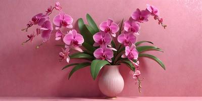 The primary subject of the image is a vase filled with pink flowers. The vase is placed on a pink surface, which adds a warm and inviting atmosphere to the scene. The flowers are arranged in a visually appealing manner, creating a sense of beauty and elegance. The overall visual style of the image is a combination of realism and artistic expression, as the flowers and vase are depicted in a way that highlights their natural beauty and the vibrant colors of the pink flowers.