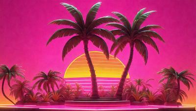 The primary subject of the image is a pink sunset with two palm trees in the foreground. The setting is a pink background, which adds a vibrant and warm atmosphere to the scene. The visual style is a combination of digital art and illustration, creating a unique and eye-catching image. The colors and mood convey a sense of relaxation and leisure, as the sun sets and the palm trees sway in the breeze.