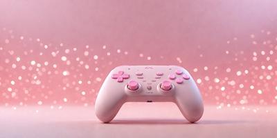 The primary subject of the image is a pink video game controller. The setting is a pink background, which creates a visually appealing contrast with the controller. The visual style is a close-up of the controller, showcasing its design and details. The colors and mood of the image are predominantly pink, giving it a feminine and playful atmosphere.