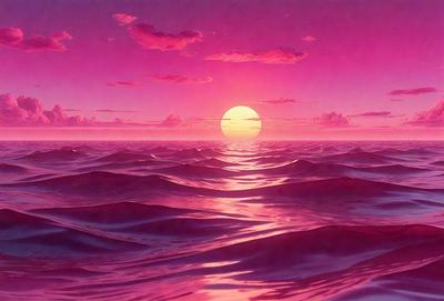 The primary subject of the image is a beautiful sunset over a vast body of water. The setting is a serene ocean with a pink sky, creating a picturesque and calming atmosphere. The visual style of the image is a combination of digital art and illustration, with the sunset and ocean waves skillfully rendered. The colors and mood of the image are predominantly pink, which adds a sense of warmth and tranquility to the scene.
