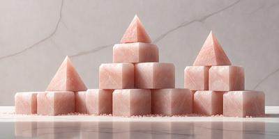 The primary subject of the image is a large pink triangular structure, which appears to be a stack of marble or stone blocks. The setting is a white marble countertop, and the visual style is a close-up of the structure. The colors and mood of the image are predominantly pink, giving it a warm and inviting atmosphere.