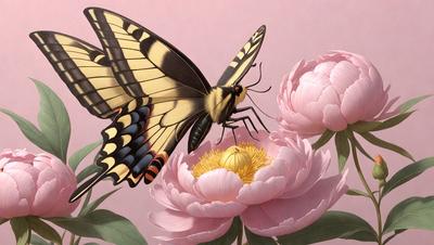 The primary subject of the image is a yellow and black butterfly perched on a pink flower. The setting is a pink background, which adds a vibrant and warm atmosphere to the scene. The visual style is a painting, which gives the image a more artistic and detailed appearance. The colors and mood of the image are predominantly pink and warm, creating a sense of beauty and tranquility.