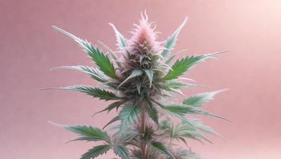 The image features a close-up of a marijuana plant with a pink background. The plant is the primary subject, and it is displayed in a natural setting. The visual style is a photo, and the colors and mood are predominantly pink, creating a warm and inviting atmosphere.