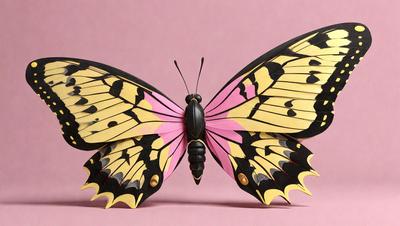 The primary subject of the image is a yellow and black butterfly. The butterfly is displayed in a pink background, which adds a contrasting color to the scene. The visual style of the image is a combination of photo and digital art, creating a realistic yet artistic representation of the butterfly. The colors and mood of the image are vibrant and lively, with the yellow and black butterfly standing out against the pink background.