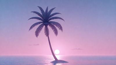 Primary subject: A tall palm tree with a sunset in the background.

Setting/background: The palm tree is standing in the ocean, with a beautiful sunset in the distance.

Visual style: The image is a digital art or illustration, featuring a sunset and a palm tree.

Colors and mood: The colors in the image are predominantly pink and orange, creating a warm and serene atmosphere.