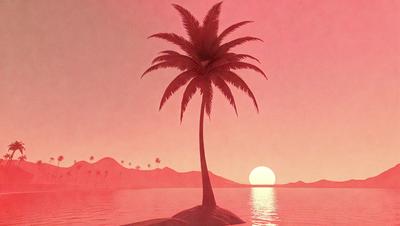 Primary subject: A tall palm tree on a sandy beach.

Setting/background: The beach is located near a body of water, possibly an ocean.

Visual style: The image is a digital art or illustration.

Colors and mood: The scene is set against a pink sky, creating a warm and serene atmosphere.
