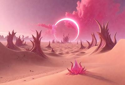 The primary subject of the image is a pink flower in a desert-like environment. The setting is a sandy area with a few other pink flowers scattered around. The visual style is a digital art or illustration, creating a surreal and dreamy atmosphere. The dominant colors are pink and purple, giving the scene a soft and serene mood.