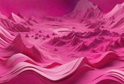 The primary subject of the image is a large, pink, mountainous landscape. The setting is a pink, mountainous terrain with a purple sky in the background. The visual style is a combination of digital art and illustration, creating a unique and vibrant atmosphere. The colors and mood of the image are predominantly pink and purple, giving it a warm and inviting feel.